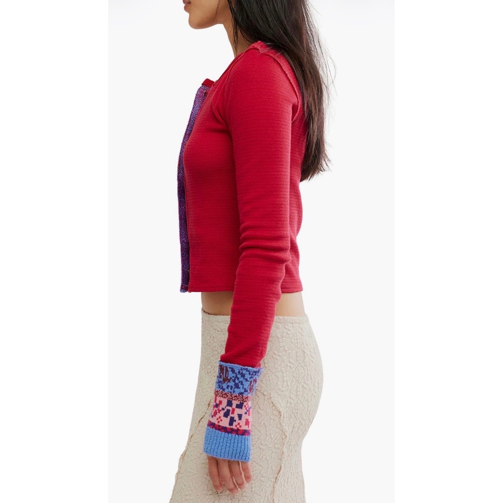 We the Free NOA Cardi Waffle Knit Thermal Cardigan Fair Isle Cuffs Floral NWOT - Picture 3 of 4